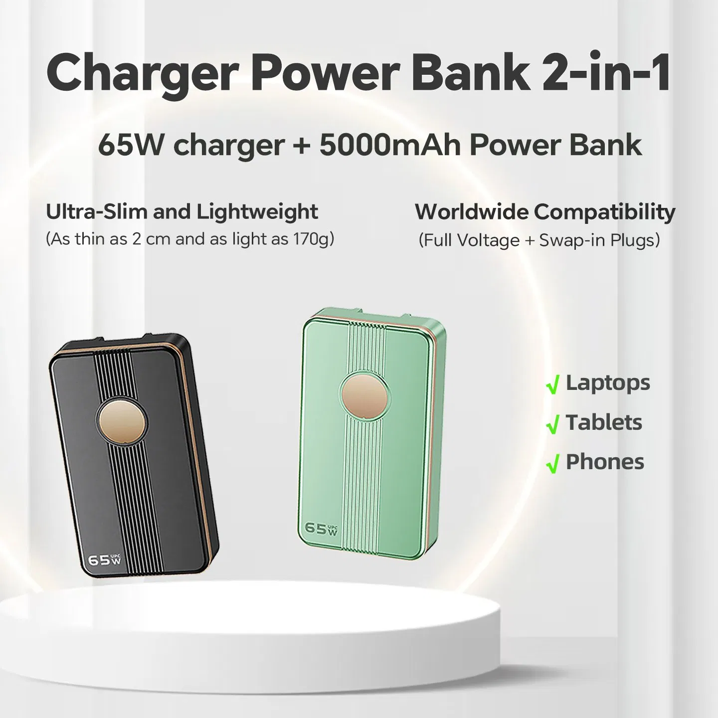65W USB-C Power Delivery Charger with Power Bank GaN Adapter