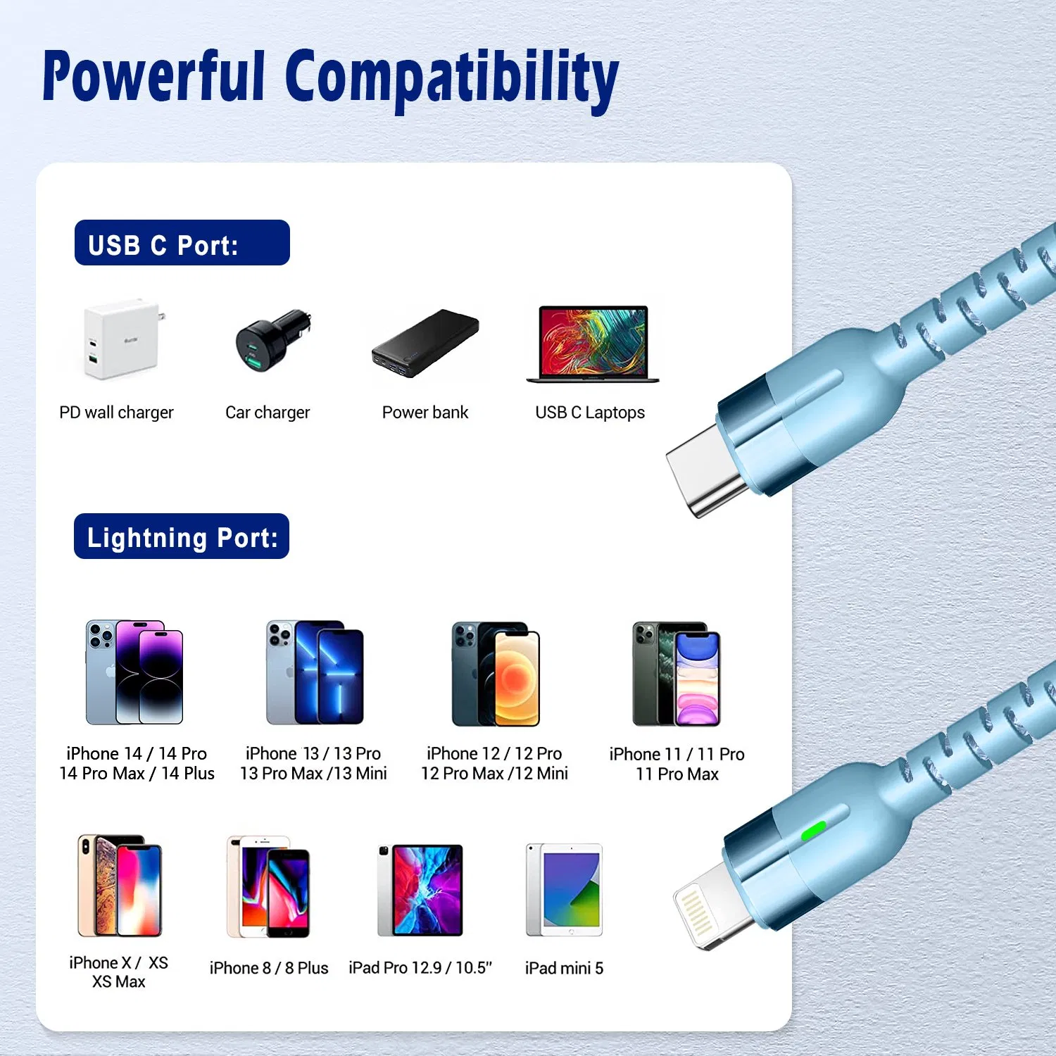 High Quality Durable Mfi Certificate Lightning Charging Cable Type C USB C Lighting Charging for Mobile Phone