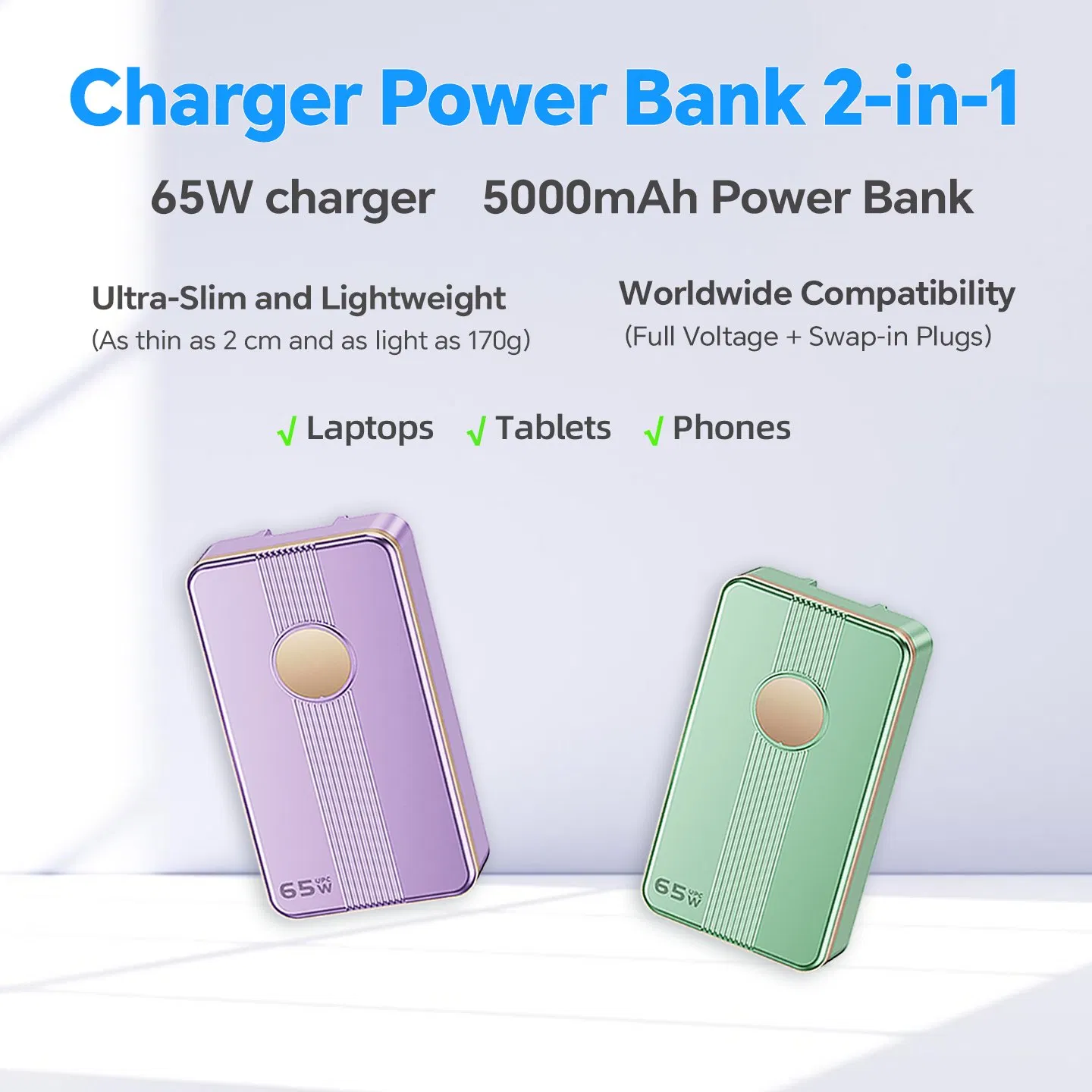 65W Compact GaN Charger Power Bank USB-C Travel Charger