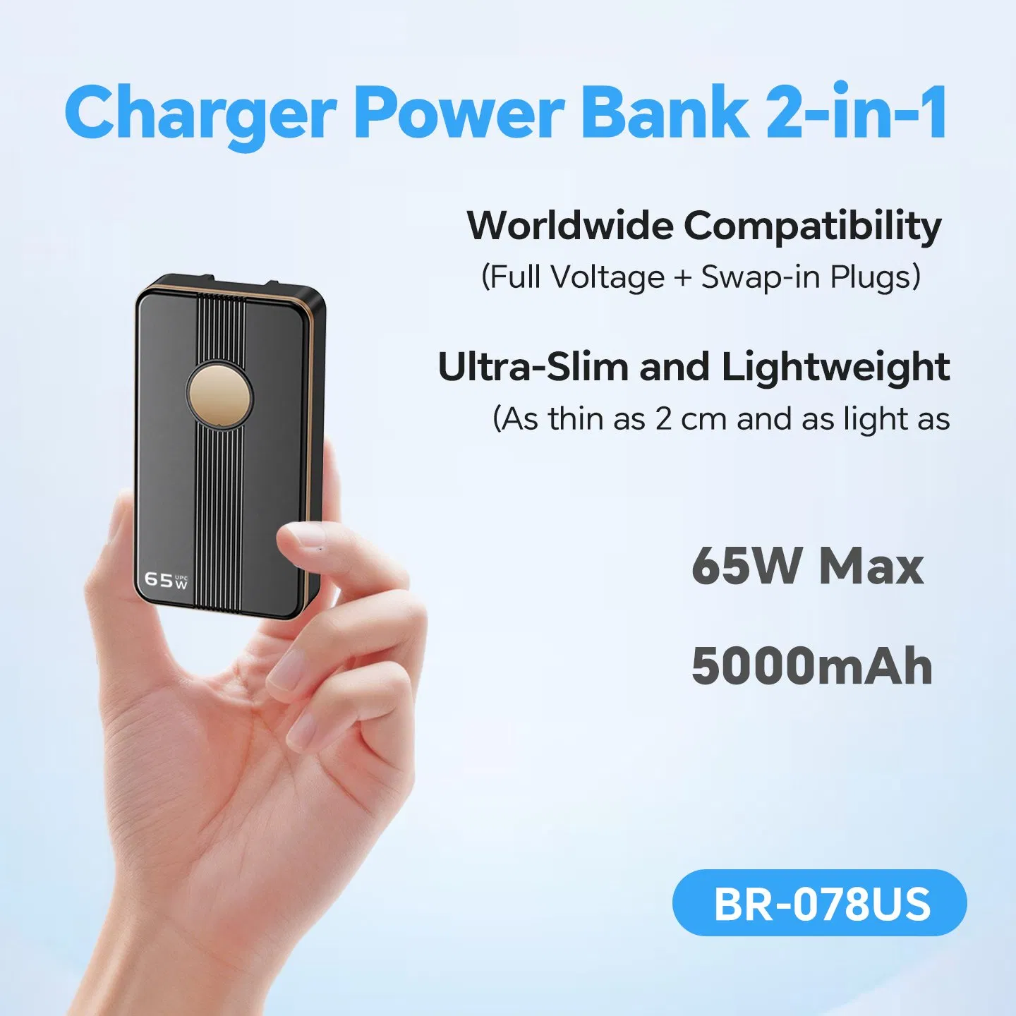65W Pd USB-C Fast Charger Foldable Plug Compact for Android Tablets Phones &amp; Laptops, Portable Power Bank Charger for Light Business Travel