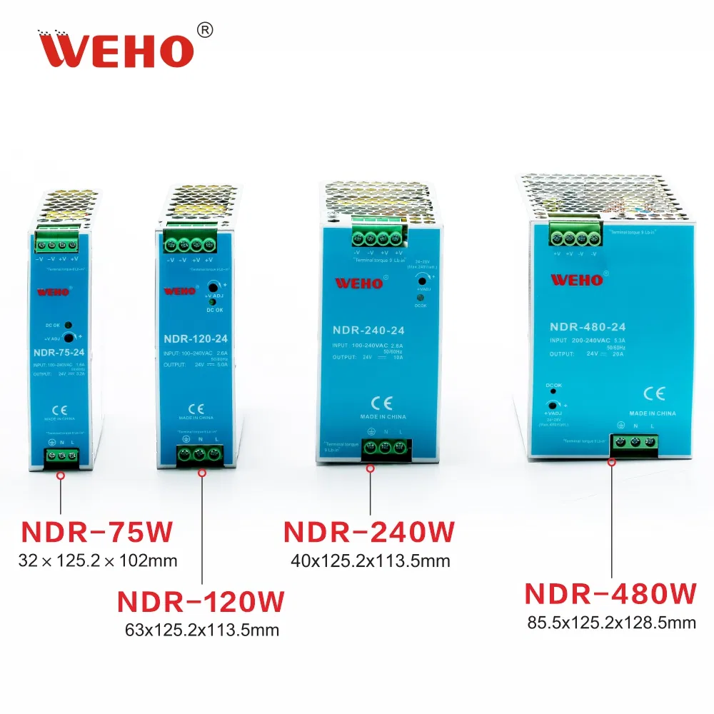 Ndr Series DIN Rail Industrial Switching Power Supply High Efficiency 75W 120W 240W 480W AC to DC Constant Voltage SMPS Power Supply