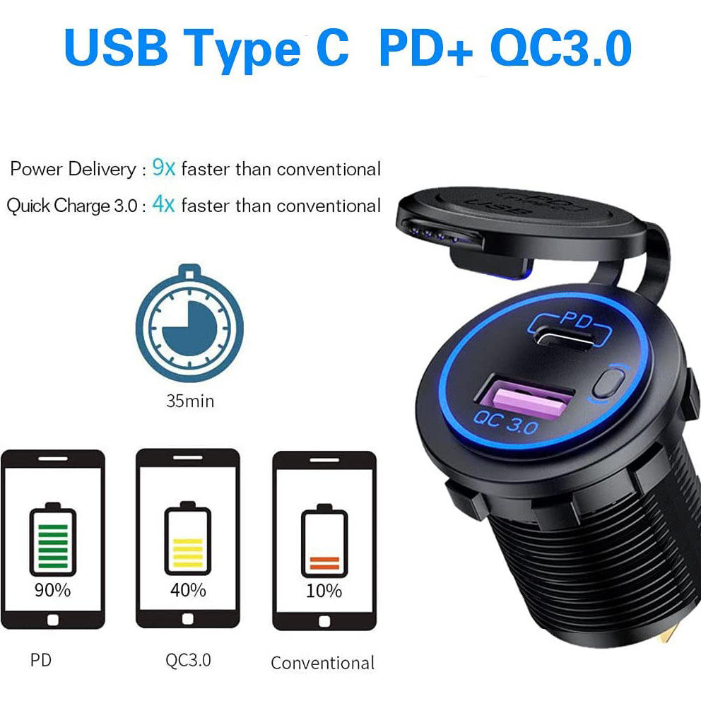 12V USB C Car Charger with 45W Power Delivery and Quick Charge
