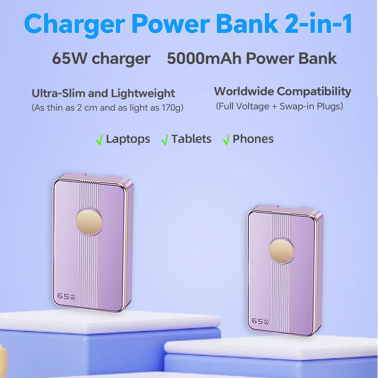 65W USB-C Charger 5000mAh Power Bank GaN Compact Travel Adapter