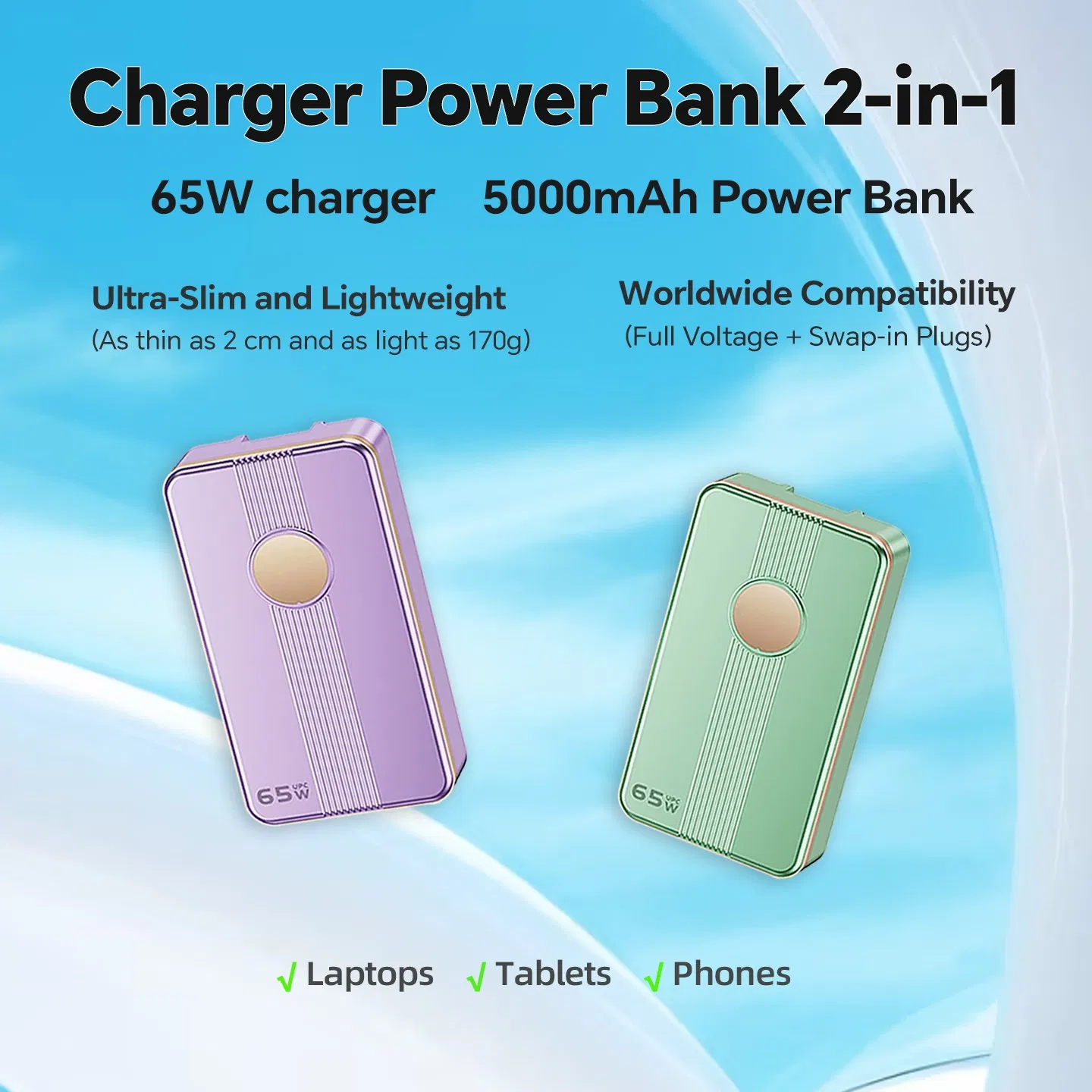 65W 2-in-1 Compact GaN Charger 5000mAh Power Bank USB-C for Business Travel and Daily Life
