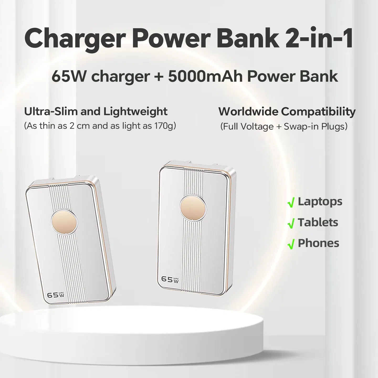 65W USB-C Power Delivery Charger with Power Bank GaN Adapter