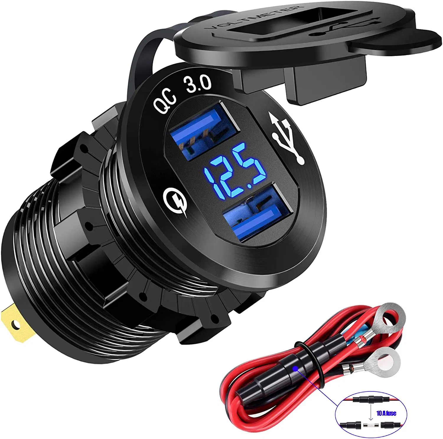 Quick Charge 3.0 Dual USB Charger Socket, Waterproof Power Outlet Fast Charge with LED Voltmeter &amp; Wire Fuse DIY Kit for 12V/24V Car Boat Marine