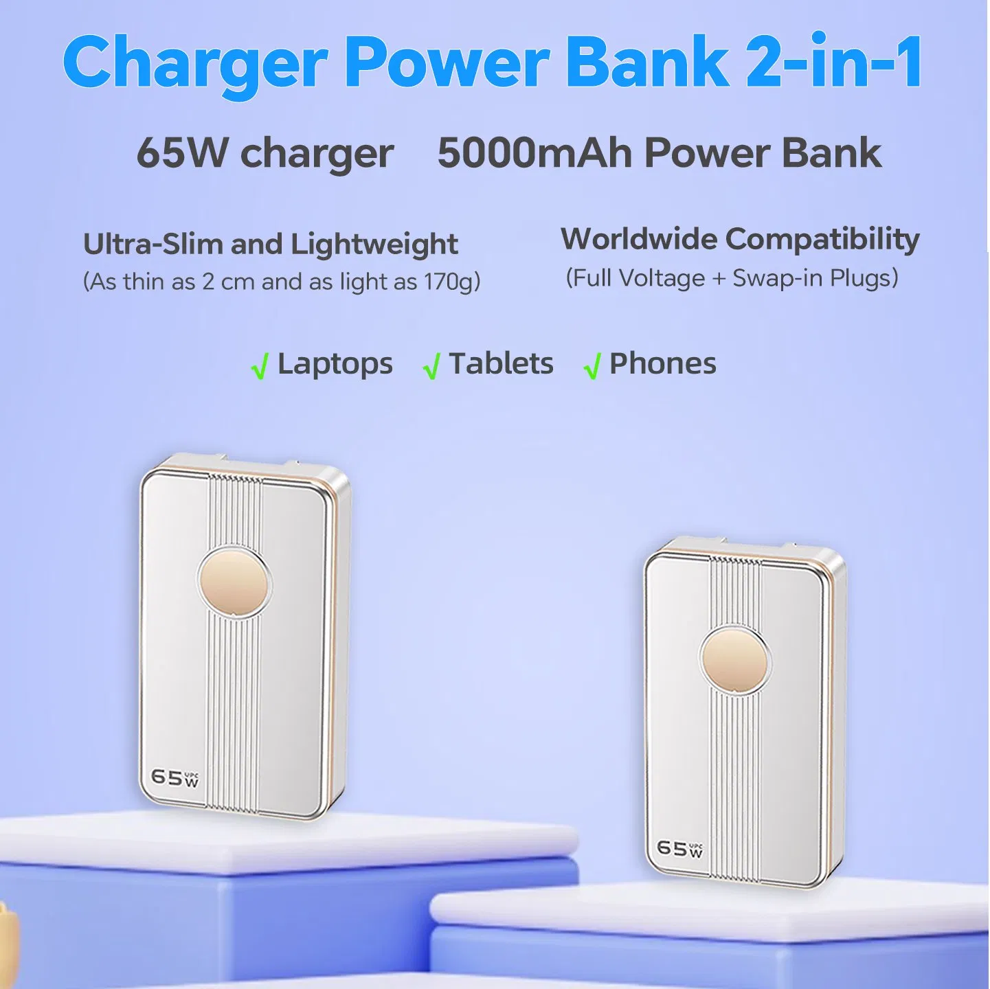 65W USB-C Charger 5000mAh Power Bank GaN Compact Travel Adapter