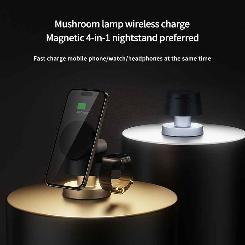 Amazon Hot Selling Mushroom Lamp Wireless Charger for Airpods 4 Magnetic 3 in 1 Nightstand Fast Charger for iPhone 16 PRO Max for iWatch 10