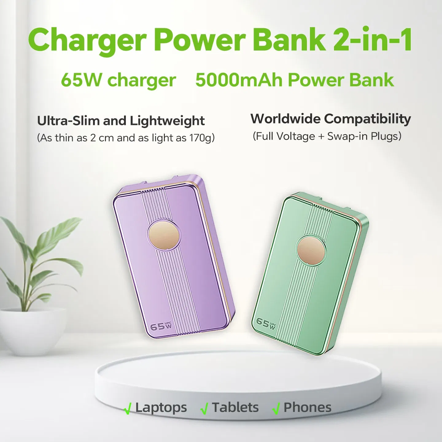 65W USB-C Power Delivery Charger Integrated 5000mAh Power Bank for Worldwide Travel