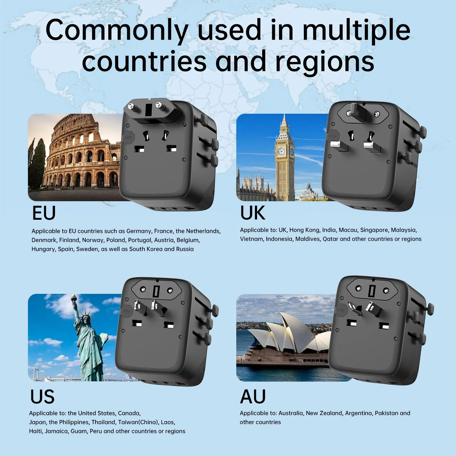 20W GaN World Travel Adapter Charger 3-USB-C 1-USB-a EU Us UK Au