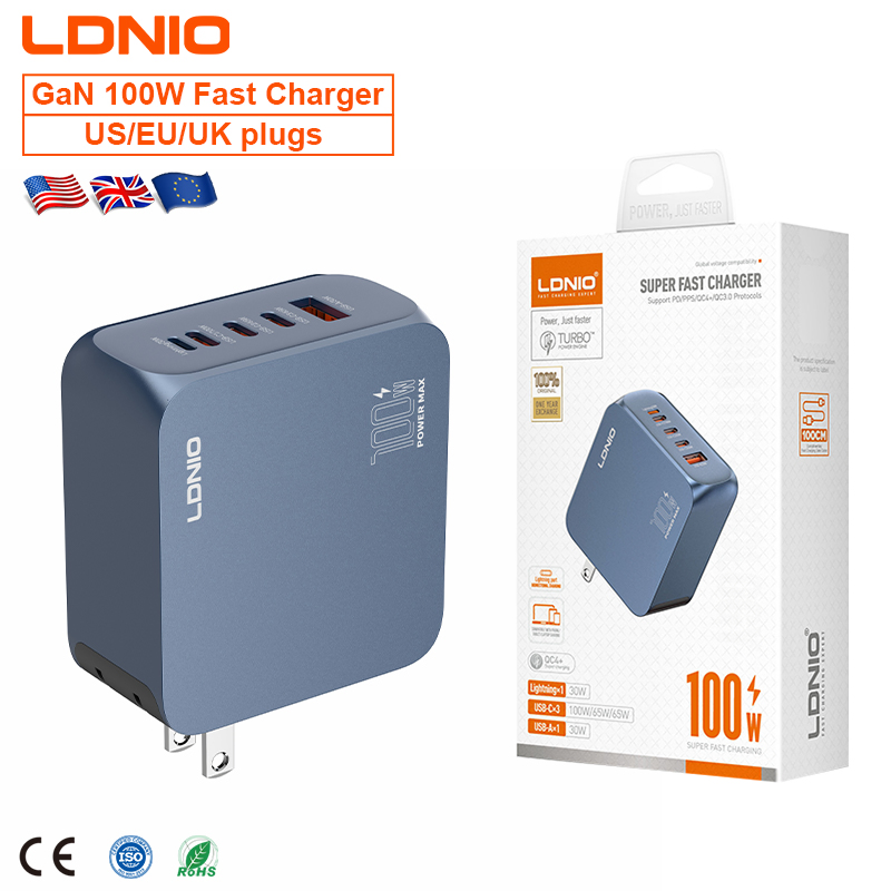 Ldnio Q8 100W USB C Pd Compact 2c1a 4 Ports GaN Adapter Custom Logo Type a Portable Travel Fast Charging Power Supply Wall Charger