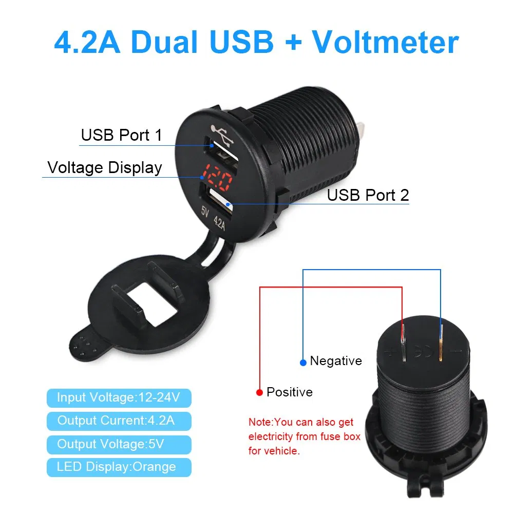 5V 2.1A 2.1A (4.2A) Marine Dual USB Charger Adapter Car Charger Socket Fast Charging with LED Diigital Voltmeter