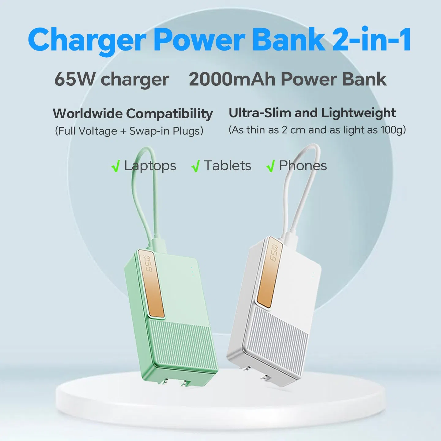 65W Power Delivery Portable Charger 2000mAh Power Bank for Laptop Phone Portable Electronics