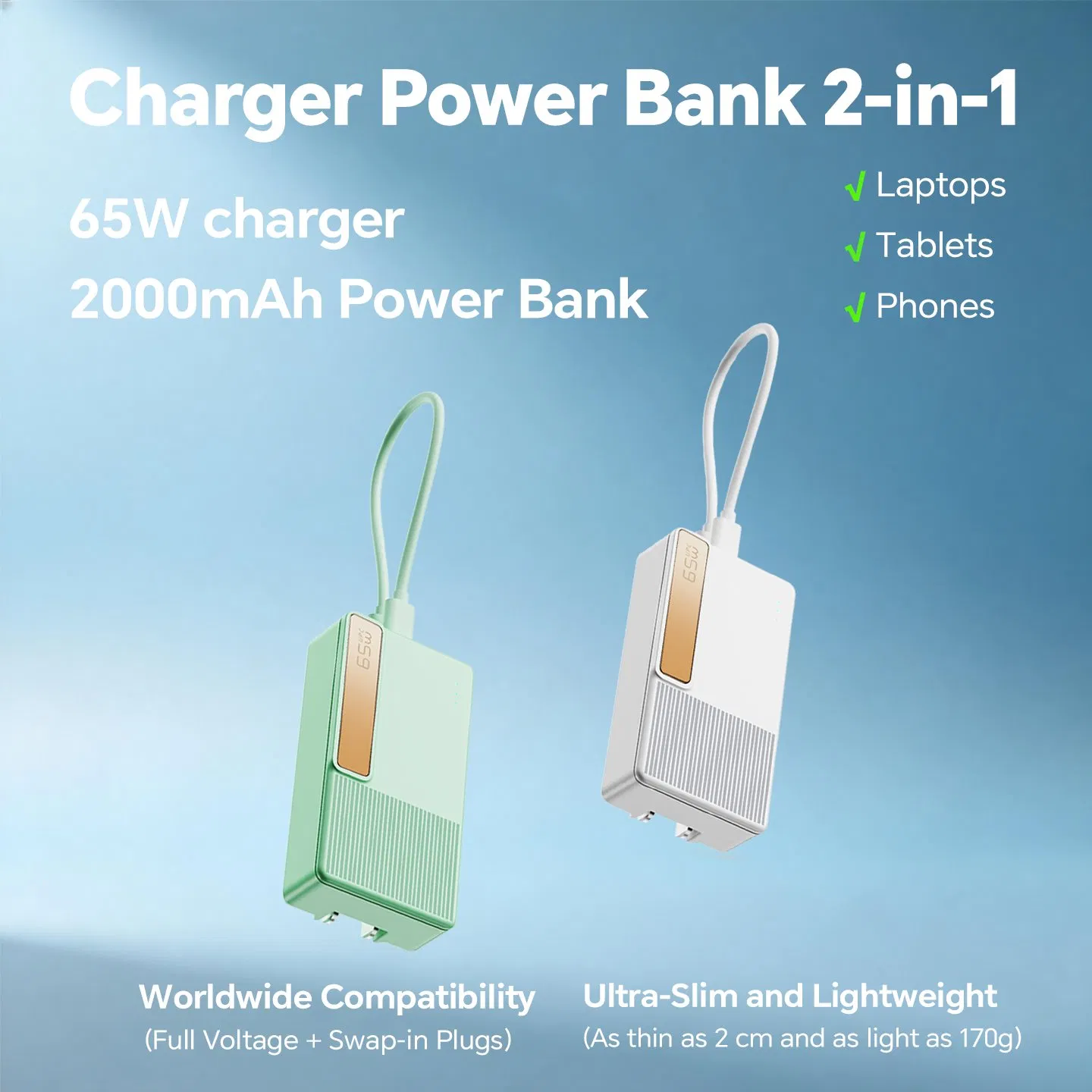 Power Bank Temperature Control Power Delivery 65W GaN Pd Power Charger for USB Devices