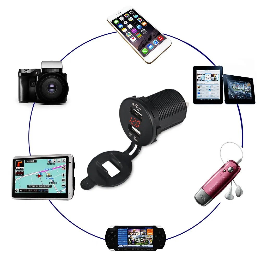 5V 2.1A 2.1A (4.2A) Marine Dual USB Charger Adapter Car Charger Socket Fast Charging with LED Diigital Voltmeter