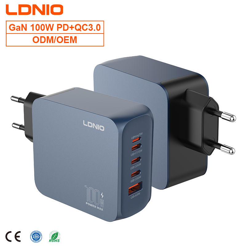 Ldnio Q8 100W GaN Smart Travel High Power Adapter EU Plug USB C Wall Charger with 5 Ports 1A+3c Multi USB Fast Charging Pd 100W Charger for Laptop Notebook