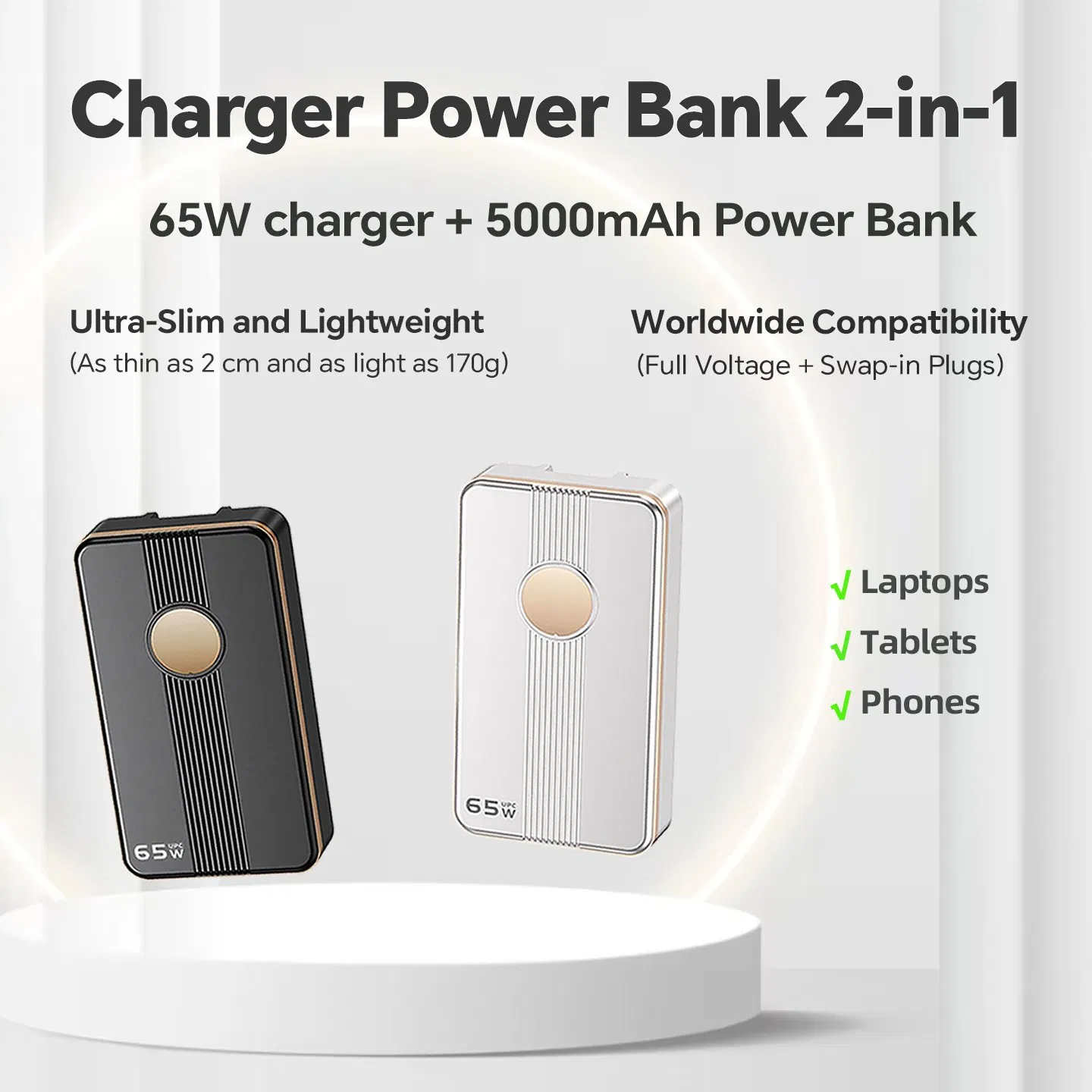65W USB-C Power Delivery Charger with Power Bank GaN Adapter