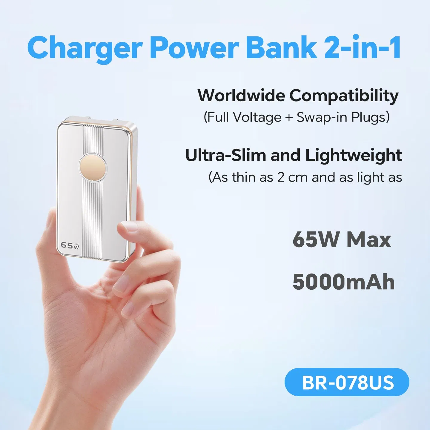 65W Pd USB-C Fast Charger Foldable Plug Compact for Android Tablets Phones &amp; Laptops, Portable Power Bank Charger for Light Business Travel