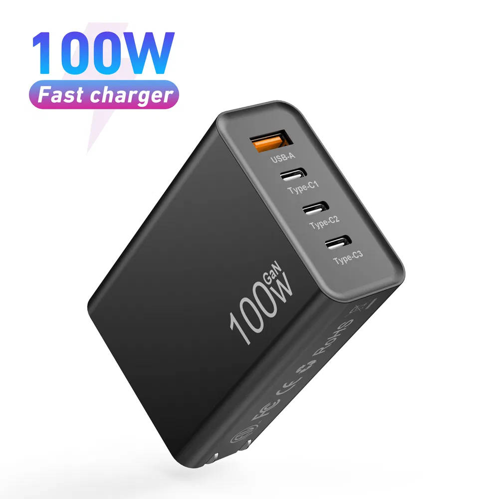 GaN 100W Pd Fast Adapter Mobile Phone Charger UK Plug 4 Ports 100W Black GaN Charger