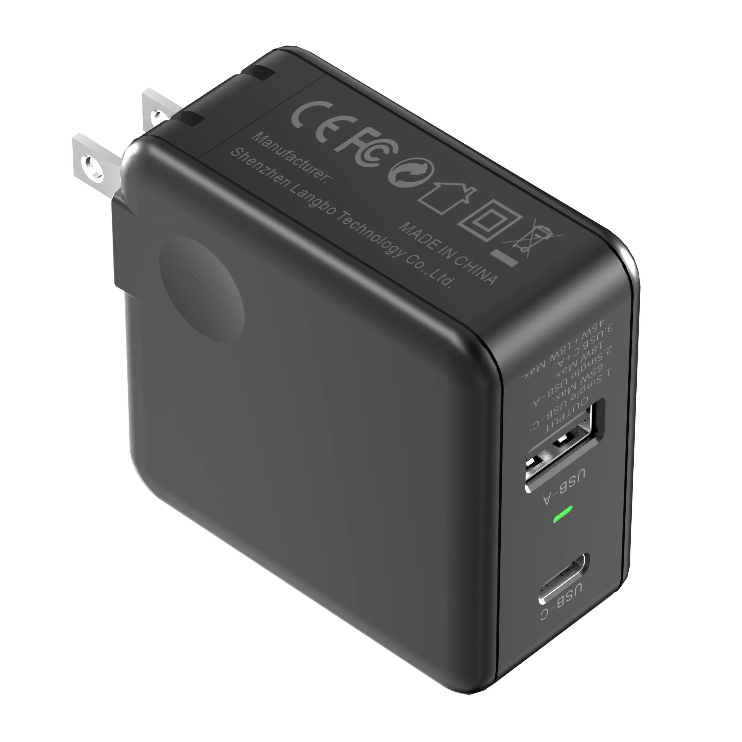 Efficient Factory Price GaN Charger USB-a USB-C 65W Pd Fast Travel Adaptermacbook, iPhone, iPad, XPS, Matebook, Lenovo, Steam Deck, HP, Asus, Acer,