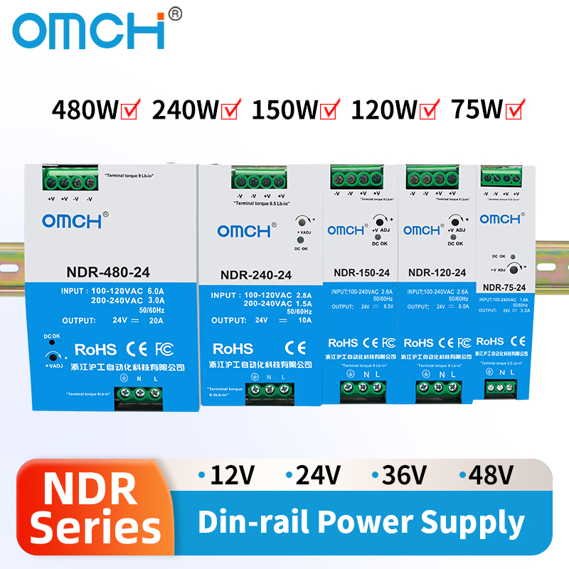 Omch High-Efficiency Ndr-75 Series DIN-Rail Switching Power Supply 12V 24V