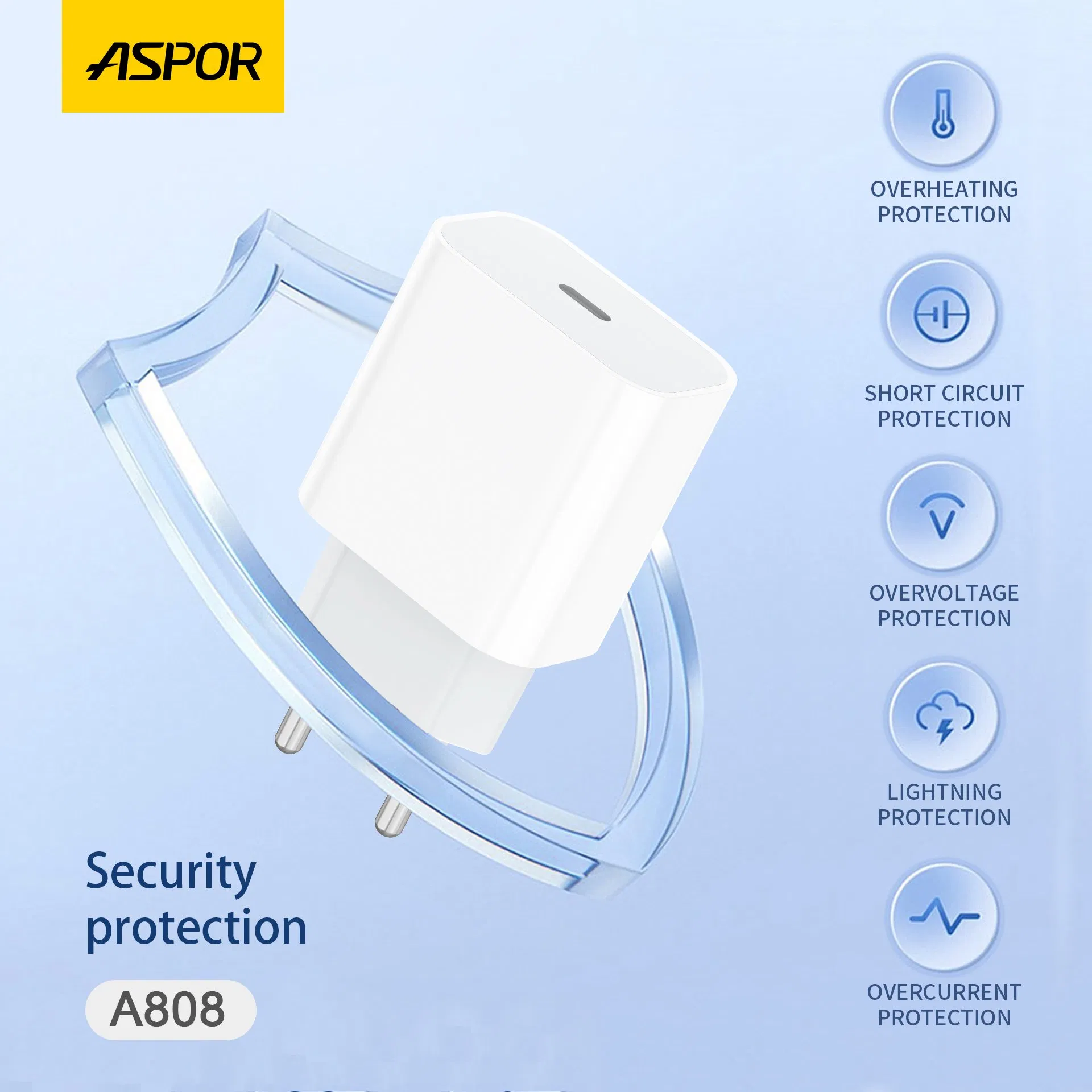 Aspor A808 UK EU Pd 20W Adapter USB Type C Type-C Fast Charging EU UK Plug Wall Charger Cable for Phone