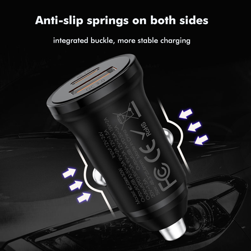 USB a USB C Dual Ports Quick Car Charger 30W Fast Charging Phone Car Adapter for Phone