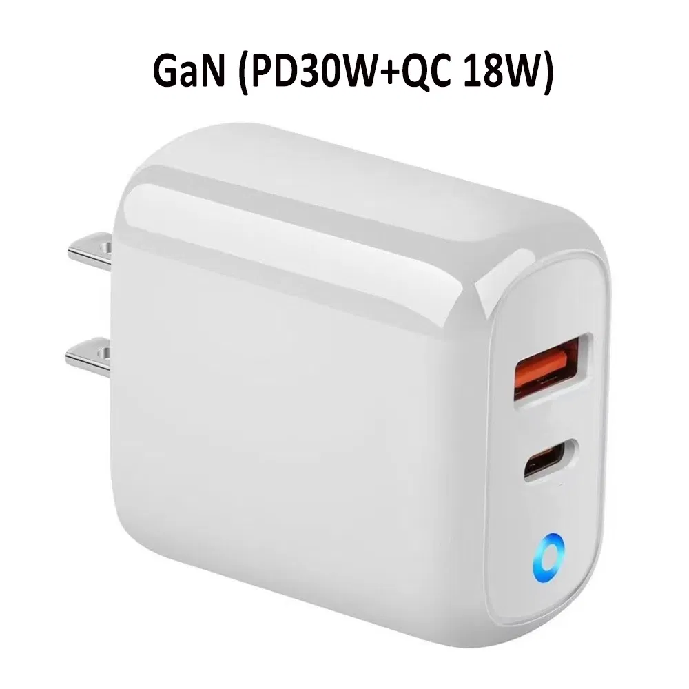 Fast Charging GaN Phone Charger for iPhone Samsung Pd30W QC18W Fast Home Charger USB-C Fast Mobile Charger Cell Phone Accessories