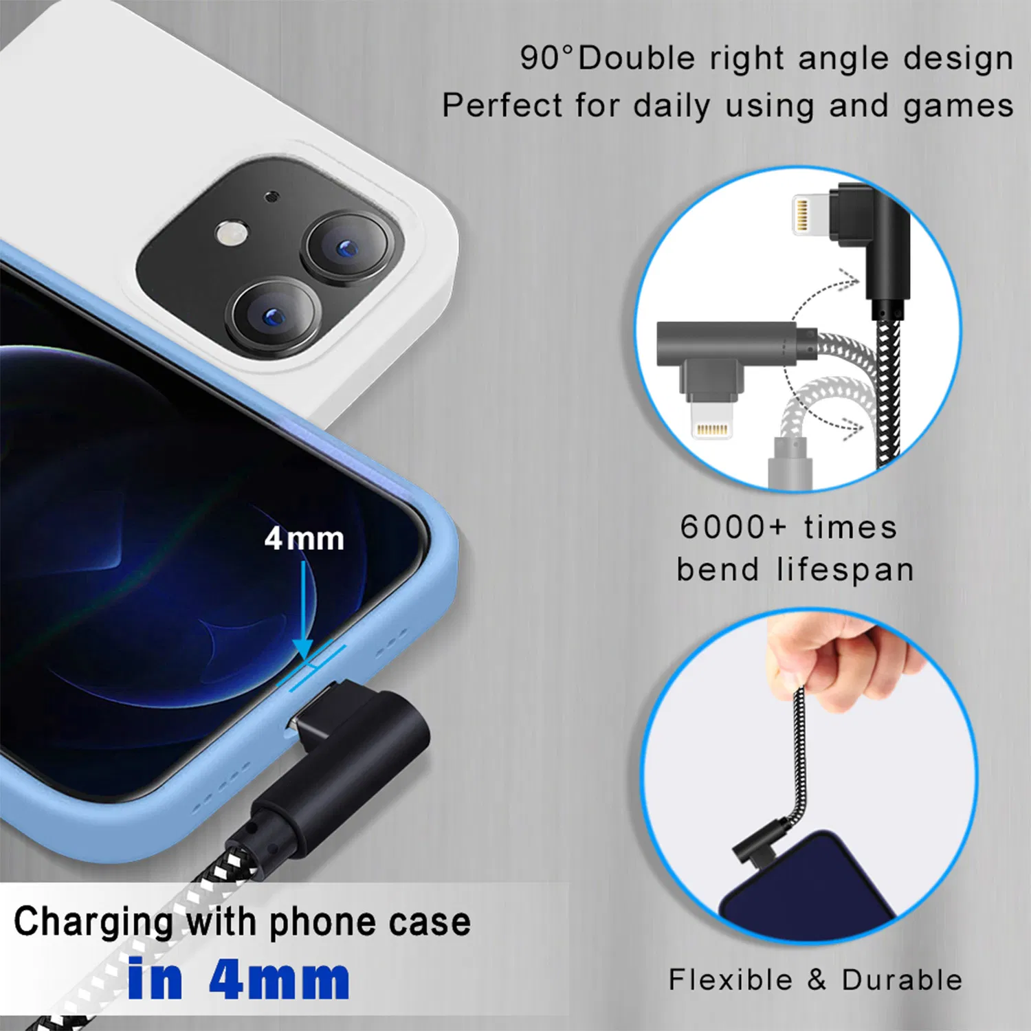 Mfi Certified Durable Nylon Braided USB to Lightning Cable 90 Degree Connector