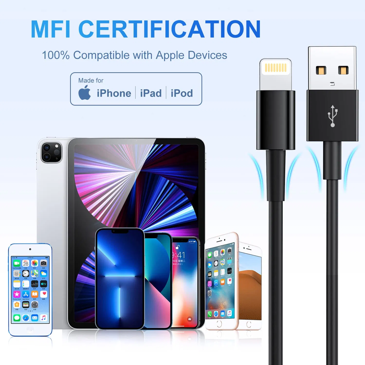 Wholesale Durable USB-a to Lightning Charging Cable with Mfi Certified for iPhone iPad