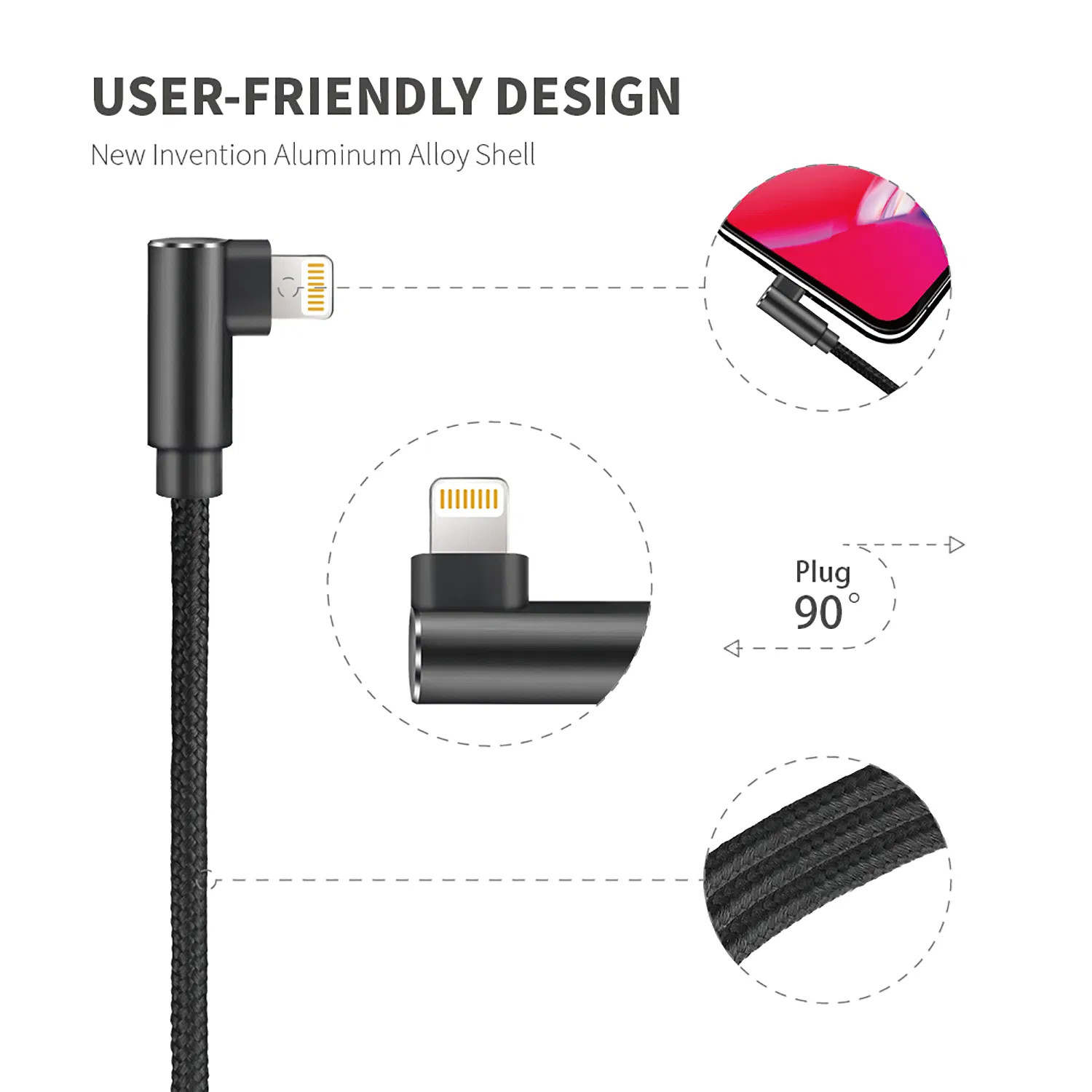 Right Angle USB to Lightning Nylon Braided Cable with Mfi Certified for Ios iPhone