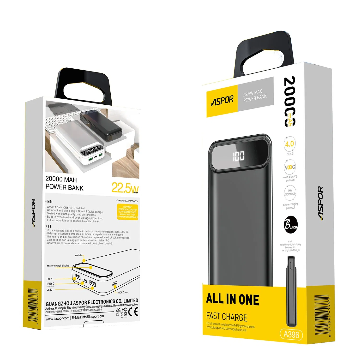 Aspor Original High-Speed 20000mAh Power Bank with Pd 20W and QC 22.5W