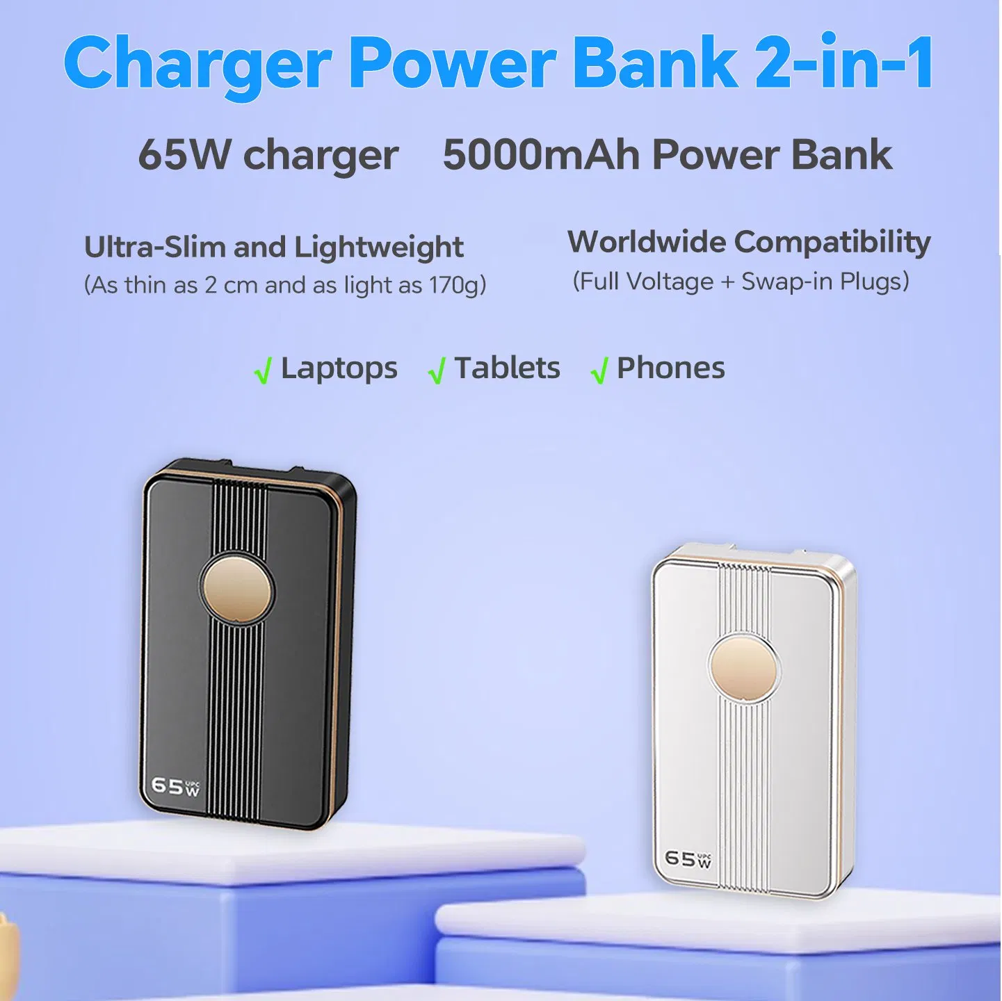 65W USB-C Charger 5000mAh Power Bank GaN Compact Travel Adapter
