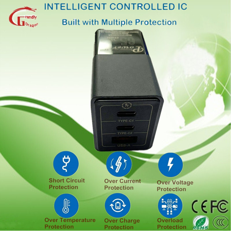 Smart Black Technology GaN 65W Fast Charger for Power Delivery Mobile Phone Charger