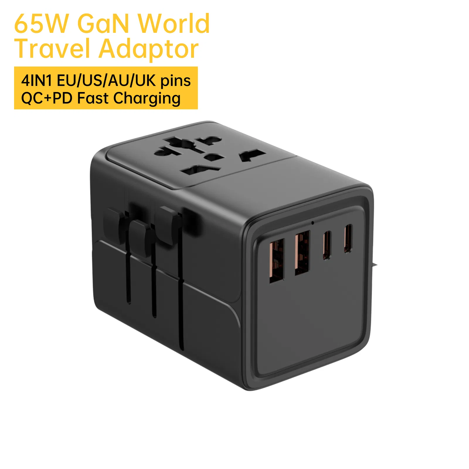 Aspor 65W Universal Travel Supply, GaN Quick Wall Charger with 4 Retractable Plugs, 5-Port Output, Compact for Mobile Devices
