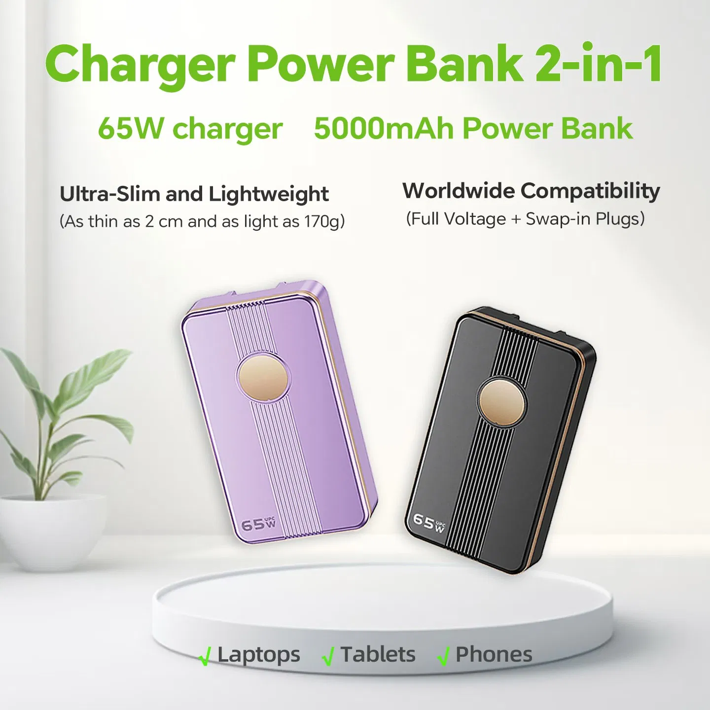 65W USB-C Power Delivery Charger Integrated 5000mAh Power Bank for Worldwide Travel