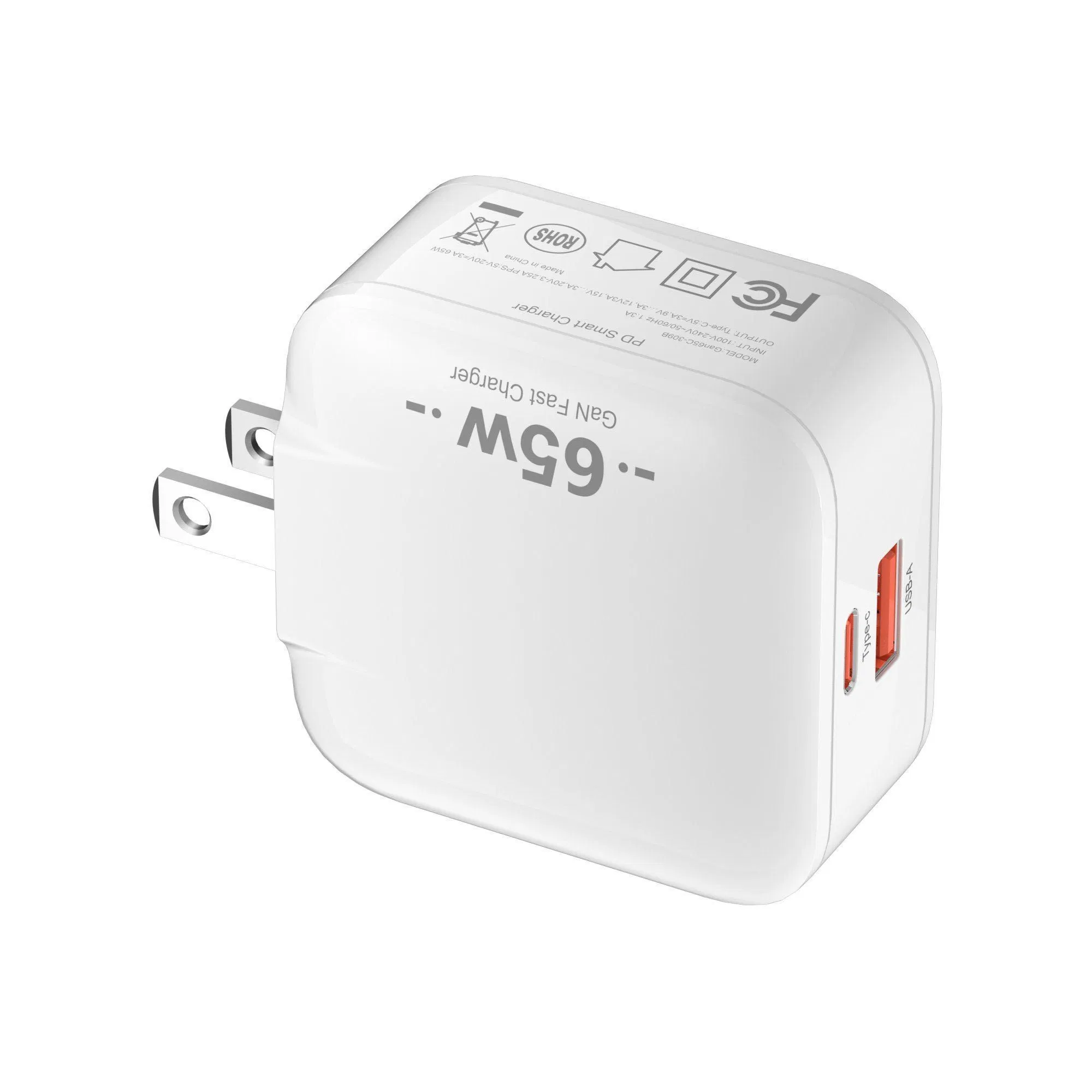 Chinese Factory 65W Two-Port GaN USB-C Mobile Charger with Power Delivery Pd for Laptops, Tablets &amp; Phones (iPhone16/ 15/14/13/12/11/X, iPad, MacPro, Samsung)
