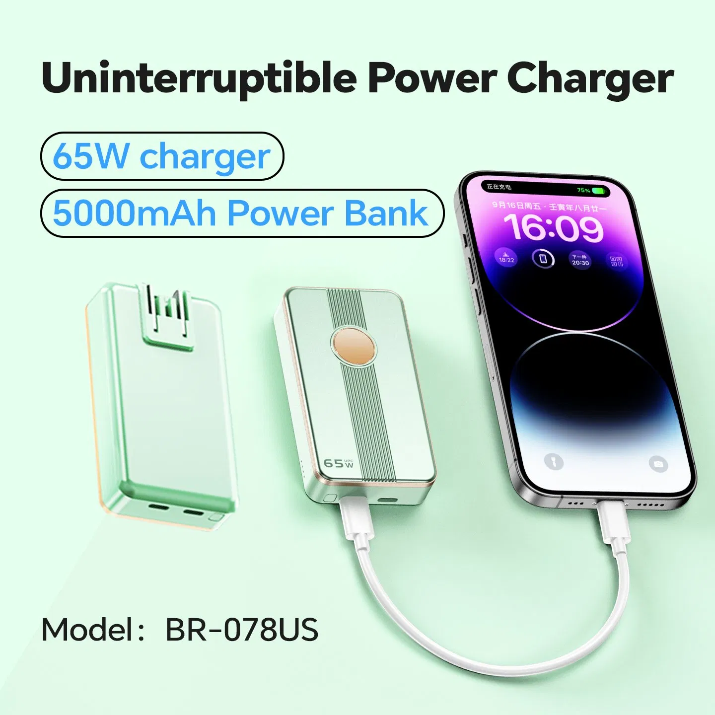 65W Pd USB-C Fast Charger Foldable Plug Compact for Android Tablets Phones &amp; Laptops, Portable Power Bank Charger for Light Business Travel