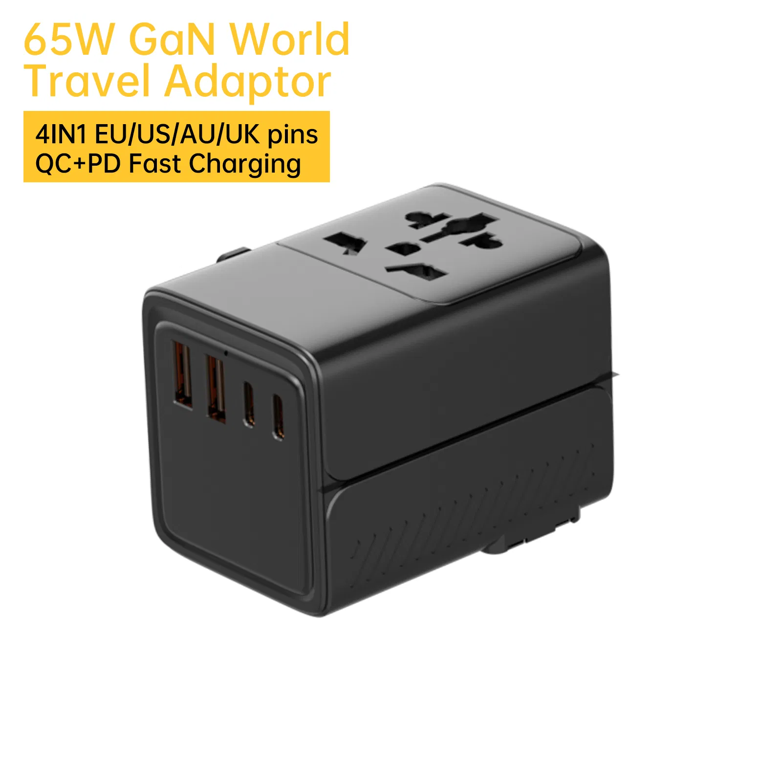 Aspor A886 65W Worldwide Charging Hub, GaN High-Speed Wall Adapter with 4 Embedded Plugs, 5-Way Output, Compact for Cell Phones