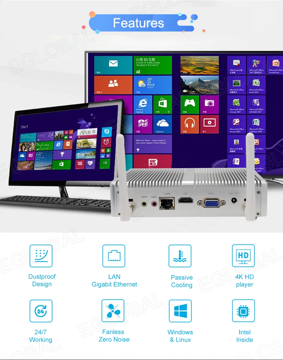 Eglobal Cheapest Mini PC Fanless Pentium 5405u 8g DDR3 128g SSD Win10 PRO Mini Computer