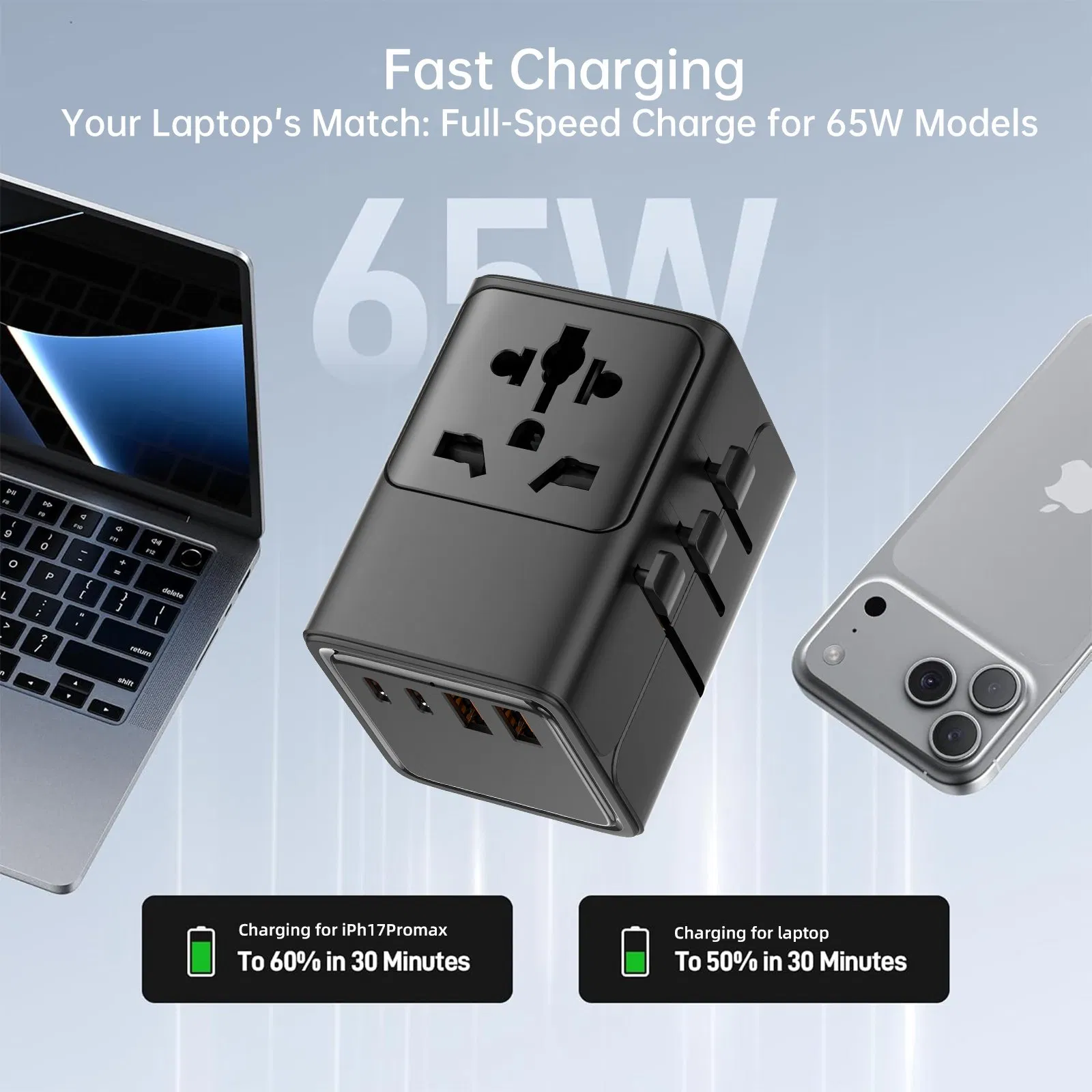 Aspor A886 65W Worldwide Charging Hub, GaN High-Speed Wall Adapter with 4 Embedded Plugs, 5-Way Output, Compact for Cell Phones