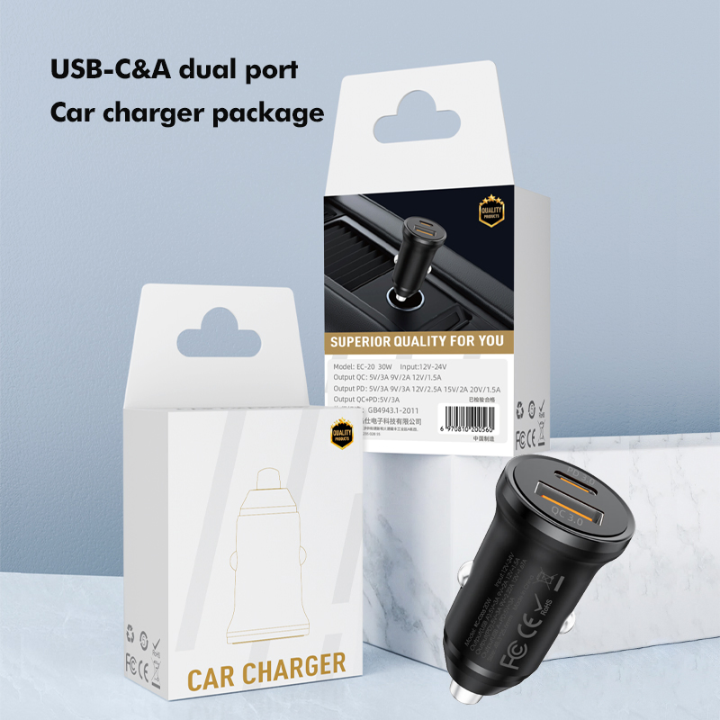 USB a USB C Dual Ports Quick Car Charger 30W Fast Charging Phone Car Adapter for Phone
