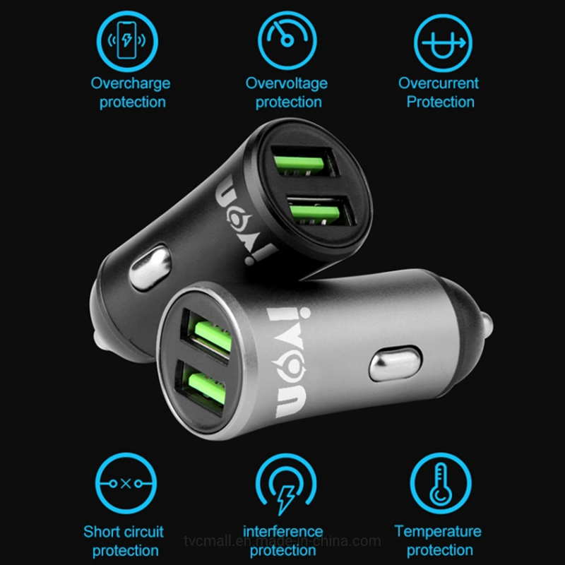 Ivon Cc26 5V 2.1A Dual USB Ports Fast Charger Car Charger for Cell Phone Camera Tablets Laptops and More