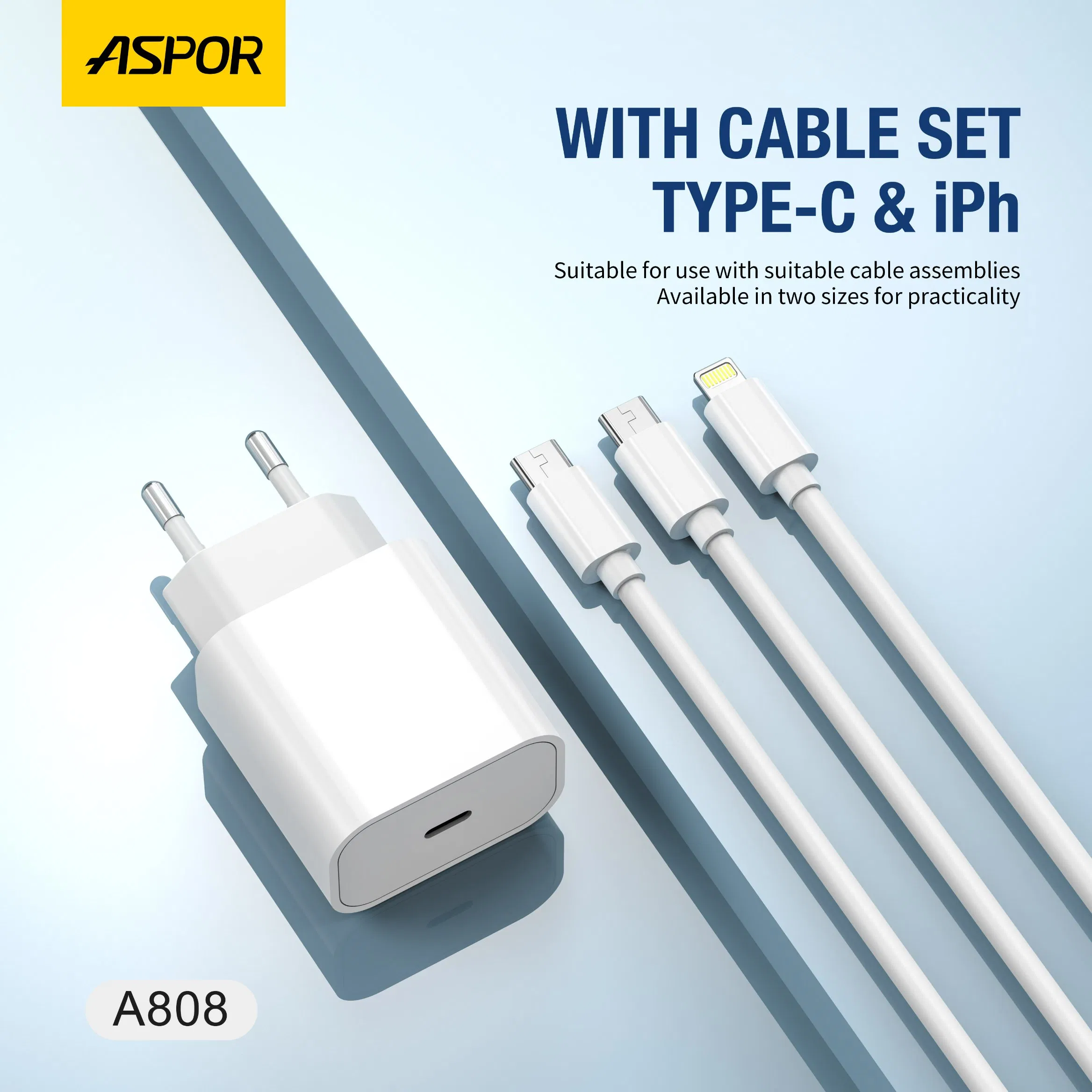 Aspor A808 UK EU Pd 20W Adapter USB Type C Type-C Fast Charging EU UK Plug Wall Charger Cable for Phone