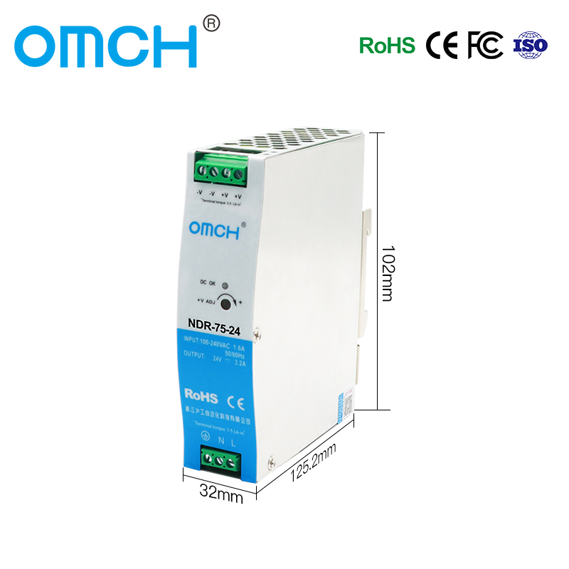 Omch High-Efficiency Ndr-75 Series DIN-Rail Switching Power Supply 12V 24V