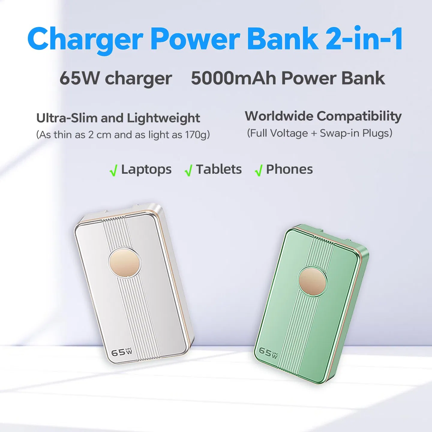 65W Compact GaN Charger Power Bank USB-C Travel Charger