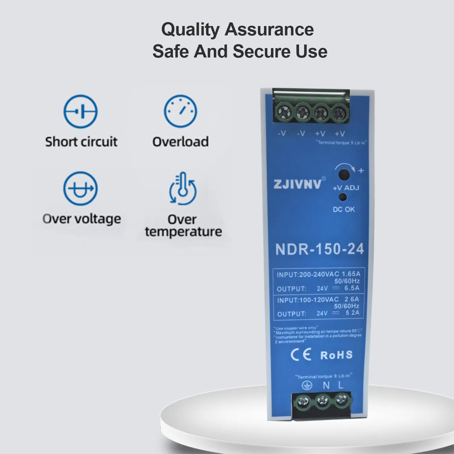 Zjivnv Ndr-150-12V 12.5A DIN Rail Ai Intelligent Power Saving Space High Efficiency Switching Power Supply 24V AC to DC
