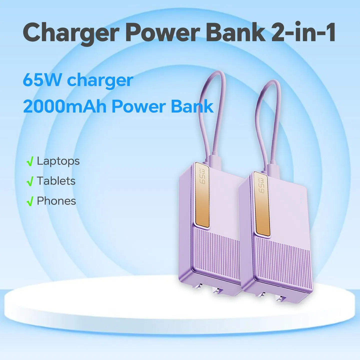 65W Power Delivery Fast Charger 2000mAh Power Bank Charger for Laptop Mobile Phone and Portable Electronic Device
