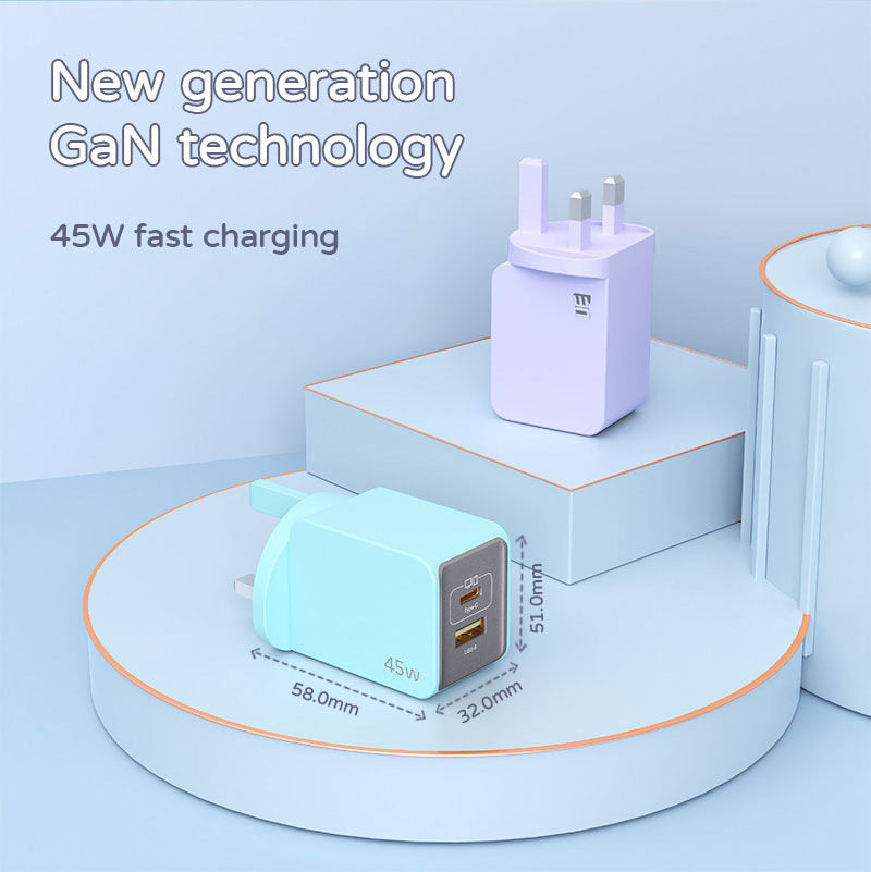 Compact 45W GaN UK Charger Dual Ports USB C USB a