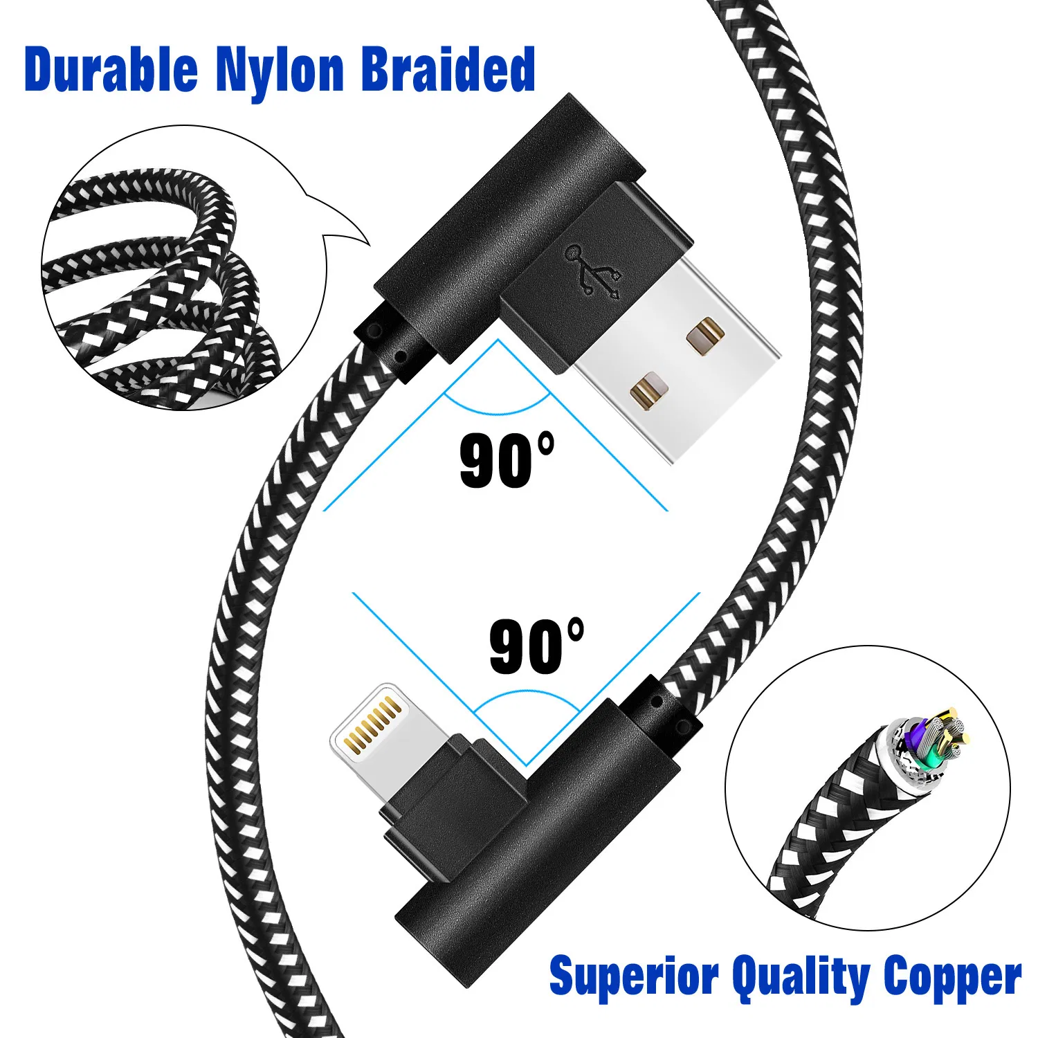 Mfi Certified Durable Nylon Braided USB to Lightning Cable 90 Degree Connector